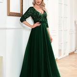 V neck Short Sleeve Sequined Tulle A line Floor Elegant Prom Evening Party Dress