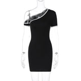 Color Contrast One Shoulder Cold Shoulder Slim Hip Dress