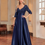 V neck Long Sleeve Sequined Elegant Prom Evening Party Dress