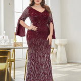 Plus Size Long Sleeve Deep V Plunge Slim Fishtail Evening Dress Cocktail Party Dress