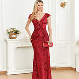 Sequined Champagne Evening Cocktail Slim Fit Fishtail Long Toast Dress