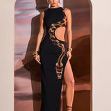 High Slit Hollow Out Snake Print Maxi Dress