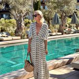 Printed V-neck waisted holiday dress