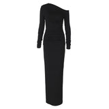 Solid Color Sloping Exposed Shoulder Long Sleeve Office Maxi Dress