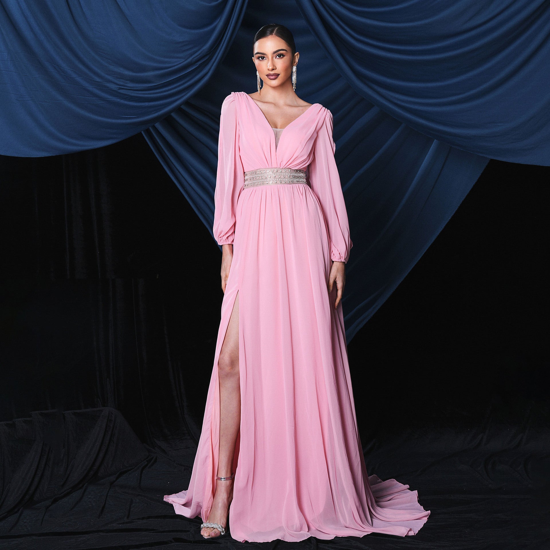 Long Sleeved Elegant V neck Long Slit Cocktail Evening Dress Bridesmaid Dress Large Swing