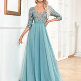 V neck Short Sleeve Sequined Tulle A line Floor Elegant Prom Evening Party Dress