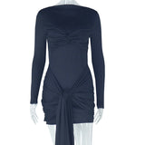 Elegant Stitching Solid Color Tied Bag Hip Long Sleeve round Neck High Waist Short Dress