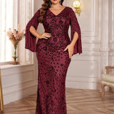 plus Size Sequined Long Sleeve Evening Cocktail Slim Fit Fishtail Long Toast Dress