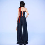 Ins Style 2025 Autumn New Fashion Trendy Denim Bandeau Vest Women Loose Wide Leg Long Pants Set Suit
