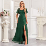 Quality Elegant Short Sleeve Square Collar Shiny Bright Tulle Evening Dress A Line Side Slit Prom Maxi Dress