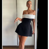 off Shoulder Black White Contrast Color Tight Waist a Swing Design Bow Dress