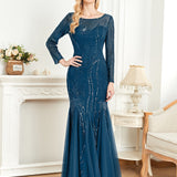 Dress Long Sleeve round Neck Slim Fit Fishtail Bridesmaid Cocktail Evening Dress for Toasting Elegant