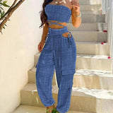 Women's Wrap Top Tie Workwear Long Pants Pocket Denim Blue Crop Waist Set Suit