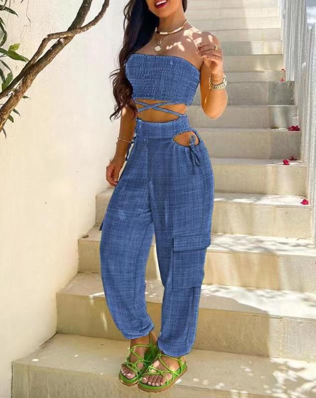 Women's Wrap Top Tie Workwear Long Pants Pocket Denim Blue Crop Waist Set Suit