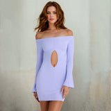 Off Neck Micro Pull Long Sleeve Hollow Out Cutout Out Cropped Hip Wrapped Short Dress