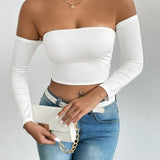 Off Shoulder Crop T-Shirt Long Sleeve Spring & Fall Crop Top