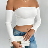 Off Shoulder Crop T-Shirt Long Sleeve Spring & Fall Crop Top