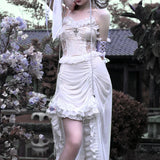 White Gothic Rope Lace Flying Sleeve Stiletto Strap Asymmetric Light Lolita Summer Party Evening Dress