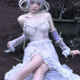 White Gothic Rope Lace Flying Sleeve Stiletto Strap Asymmetric Light Lolita Summer Party Evening Dress