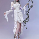 White Gothic Rope Lace Flying Sleeve Stiletto Strap Asymmetric Light Lolita Summer Party Evening Dress