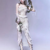 White Gothic Rope Lace Flying Sleeve Stiletto Strap Asymmetric Light Lolita Summer Party Evening Dress