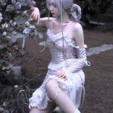 White Gothic Rope Lace Flying Sleeve Stiletto Strap Asymmetric Light Lolita Summer Party Evening Dress
