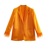 New Fashion Feather Sleeves Silk Texture Blazer