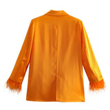New Fashion Feather Sleeves Silk Texture Blazer