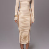 Amelisse - Off-Shoulder Two-Layer Mesh Midi Dress