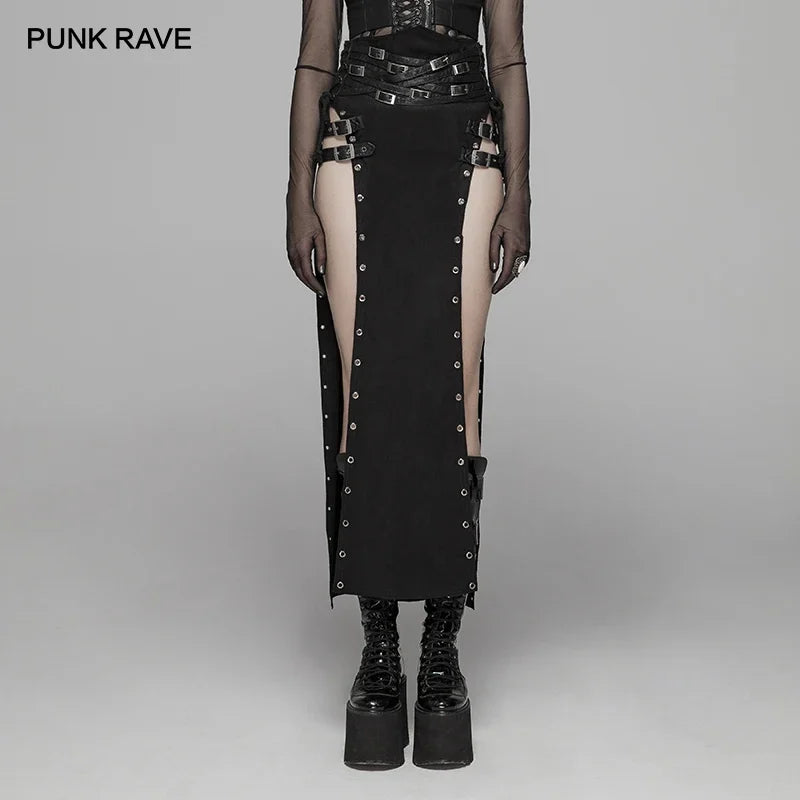 Women's Gothic Sexy Black Rock Copslay Stage Personality Hip Hop Streetwear Long High Waisted Skirt