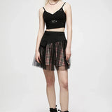 Women's Mesh Panel Plaid High Waist Short College Style Stitched A-line Youth Girl Mini Skirt