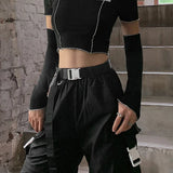 Patchwork Black Gothic One Shoulder Ruffles Hem Hip Hop Techwear Crop Tops