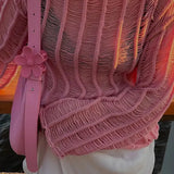 Pink Hollow Out Striped Knit Half See Through Pullover Women O Neck Long Sleeved Sweater