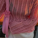 Pink Hollow Out Striped Knit Half See Through Pullover Women O Neck Long Sleeved Sweater