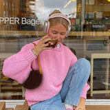 Pink O Neck Long Sleeve Knitted Pullover For Women Fashion Loose Thick Warm Sweater