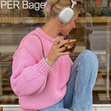 Pink O Neck Long Sleeve Knitted Pullover For Women Fashion Loose Thick Warm Sweater