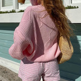 Pink O Neck Ribbed Knitted Sweater For Women Fashion Lantern Long Sleeve Sweater