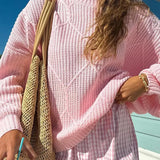 Pink O Neck Ribbed Knitted Sweater For Women Fashion Lantern Long Sleeve Sweater
