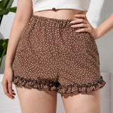 Elastic Waist Elegant Polka Dot Women Frill Lettuce Trim High Waist Straight Beach Female Large Size Short