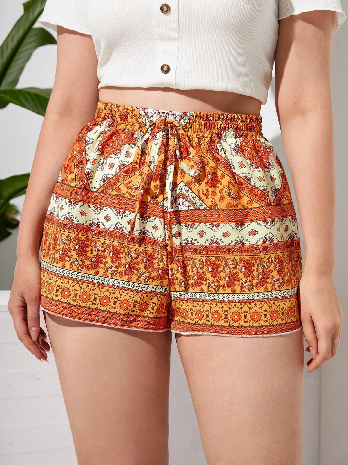 Plus Size Floral Print Summer Casual Women Knot Waist Elegant Boho Female Plus Size Women Clothing Short