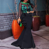 Plus Size Mesh Sheer Ruffles Long Sleeve Dress