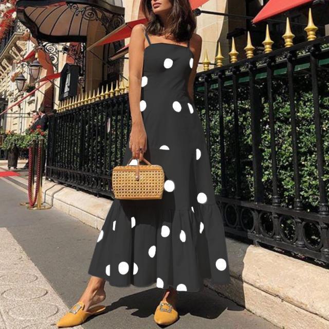 Polka dot long maxi dress Summer sleeveless ruffles women dress Big dots casaul bohemian dresses Boho beach vestidos mujer