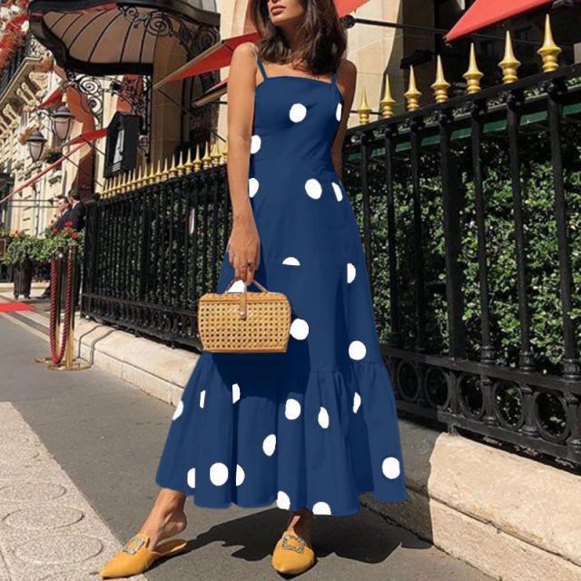 Polka dot long maxi dress Summer sleeveless ruffles women dress Big dots casaul bohemian dresses Boho beach vestidos mujer