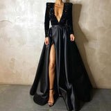 Women Sequins Satin Patchwork V Neck Infront Split Dresses