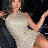 Pu Leather One Shoulder Sleeveless Draped Prom 2025 Summer Fall Women Y2K Evening Party Club Clothes Mini Dress
