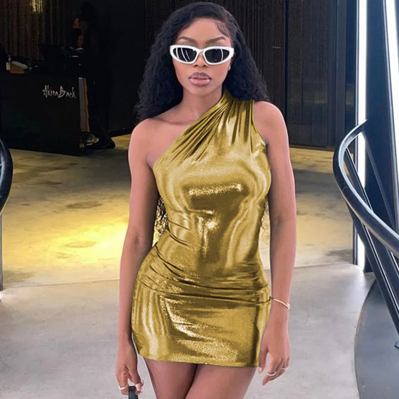 Pu Leather One Shoulder Sleeveless Draped Prom 2025 Summer Fall Women Y2K Evening Party Club Clothes Mini Dress