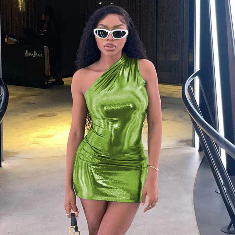 Pu Leather One Shoulder Sleeveless Draped Prom 2025 Summer Fall Women Y2K Evening Party Club Clothes Mini Dress