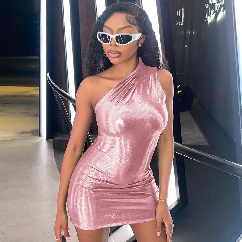 Pu Leather One Shoulder Sleeveless Draped Prom 2025 Summer Fall Women Y2K Evening Party Club Clothes Mini Dress