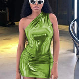 Pu Leather One Shoulder Sleeveless Draped Prom 2025 Summer Fall Women Y2K Evening Party Club Clothes Mini Dress