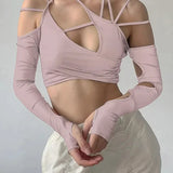 Halter Gothic Egirl Patchwork Long Sleeve Sexy Cut Out Crop Tops